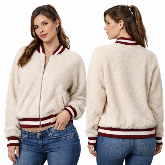 South Pole Jackets & Blazers - SOUTH POLE Y2K Sherpa Bomber Jacket Juniors Large Cream Zip Up Preppy Varsity